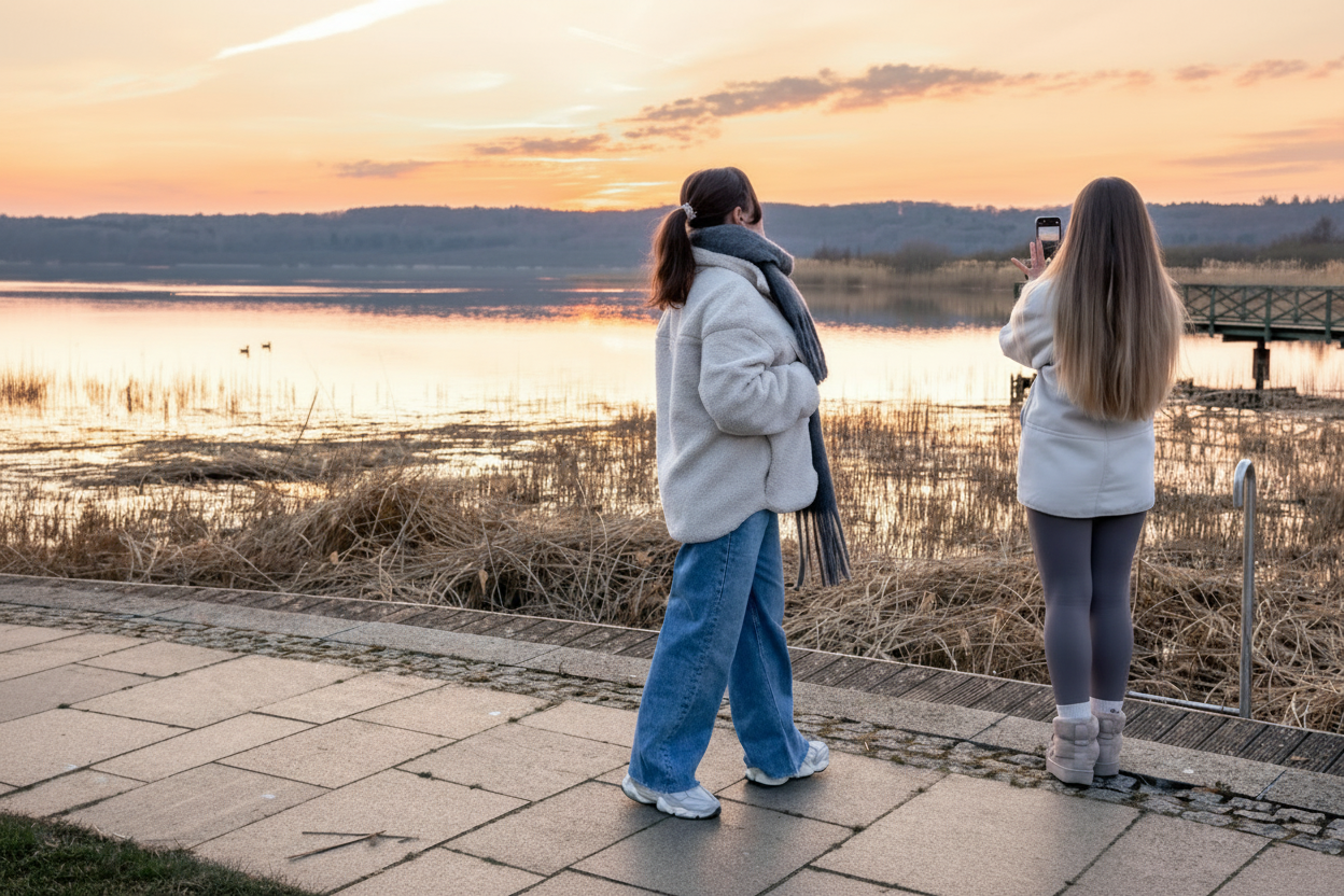 Two young people looking out over a calm lake at sunset, reflecting a moment of peace and mindfulness
